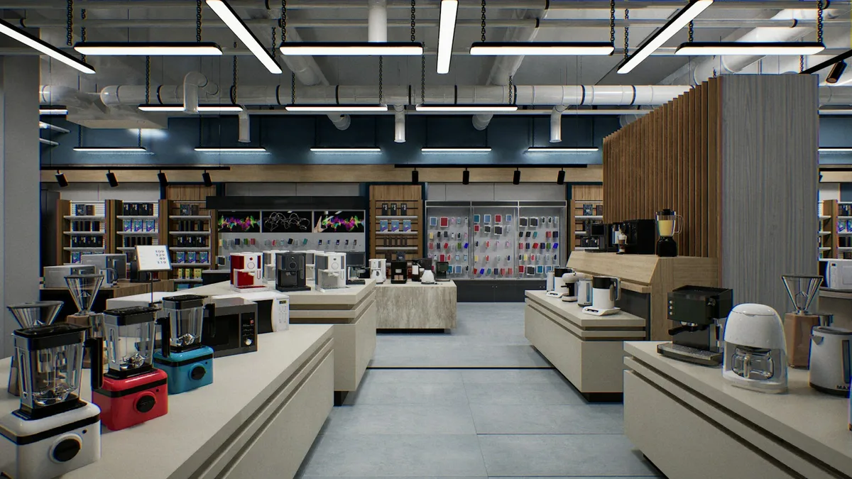 Appliance store floor with kitchen appliances on display counters