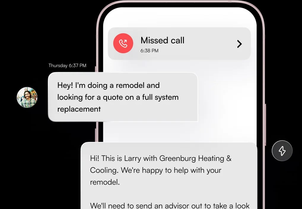Phone showing a missed call, the customer's message and the instant text reply