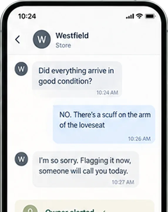 Text conversation where a customer reports a scuff on a loveseat and the store flags it for a call back