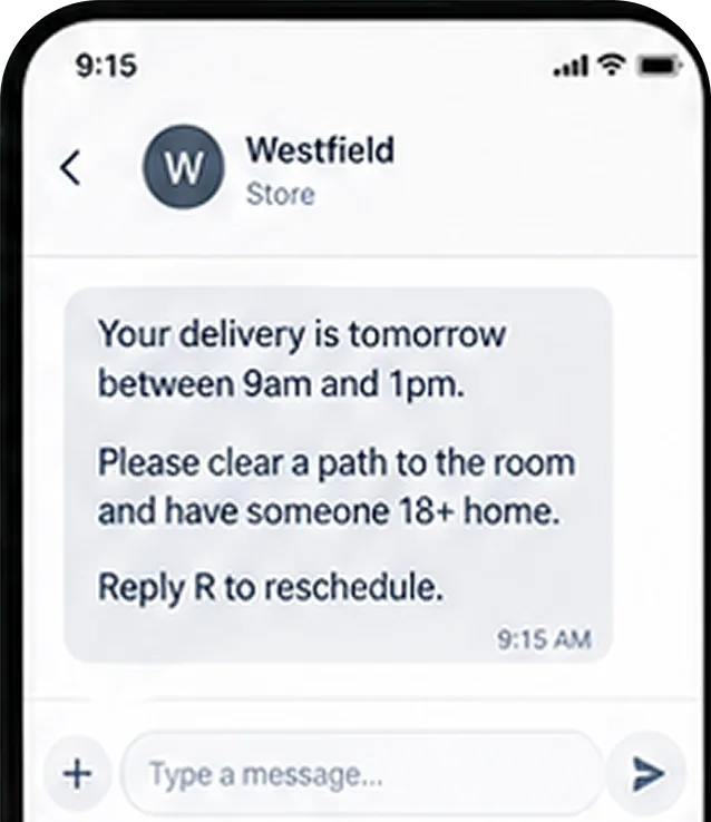 Text telling a customer their delivery is tomorrow between 9am and 1pm, with what to prepare and how to reschedule