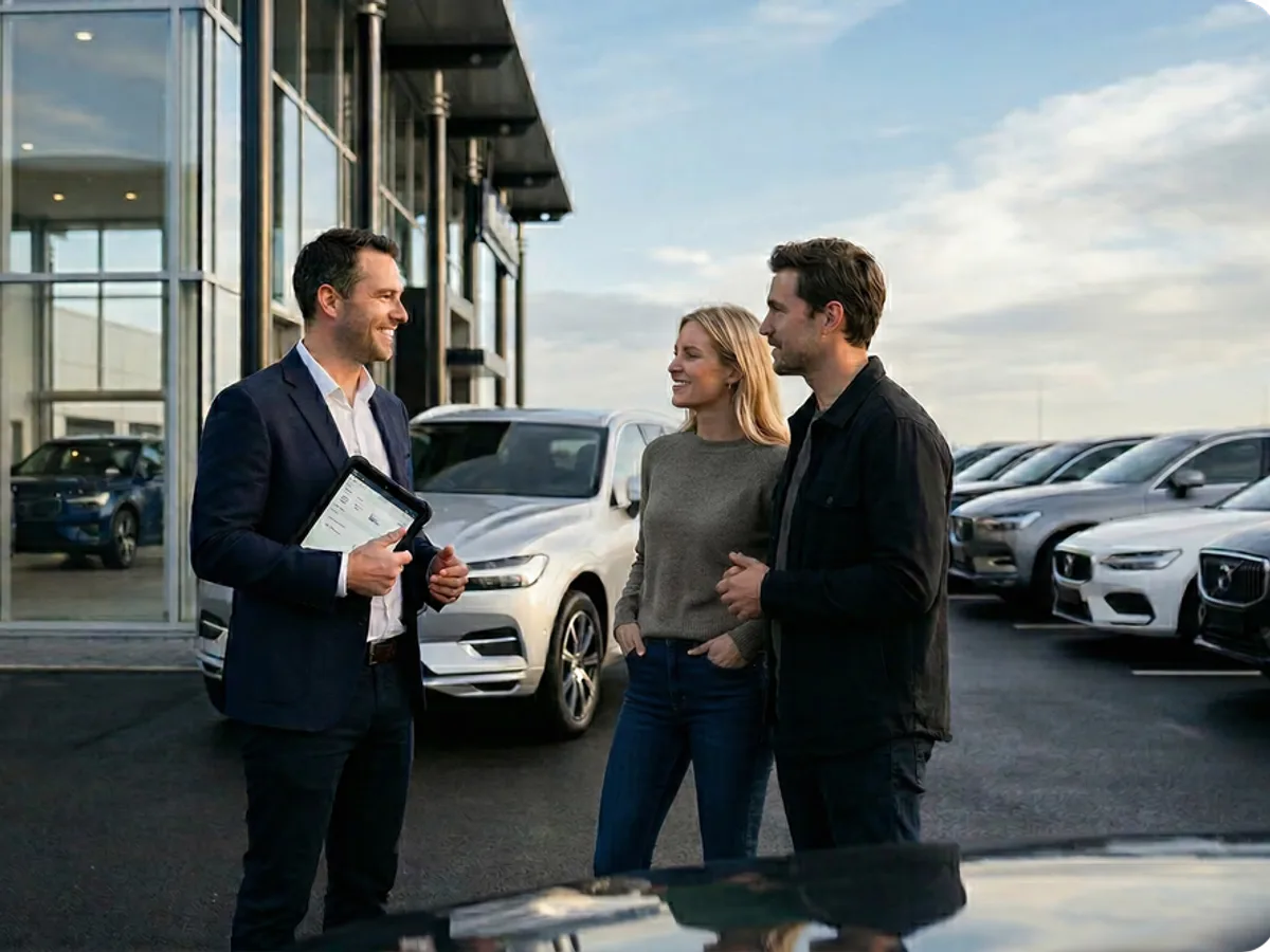 Salesperson talking with a couple beside a car on the dealership lot