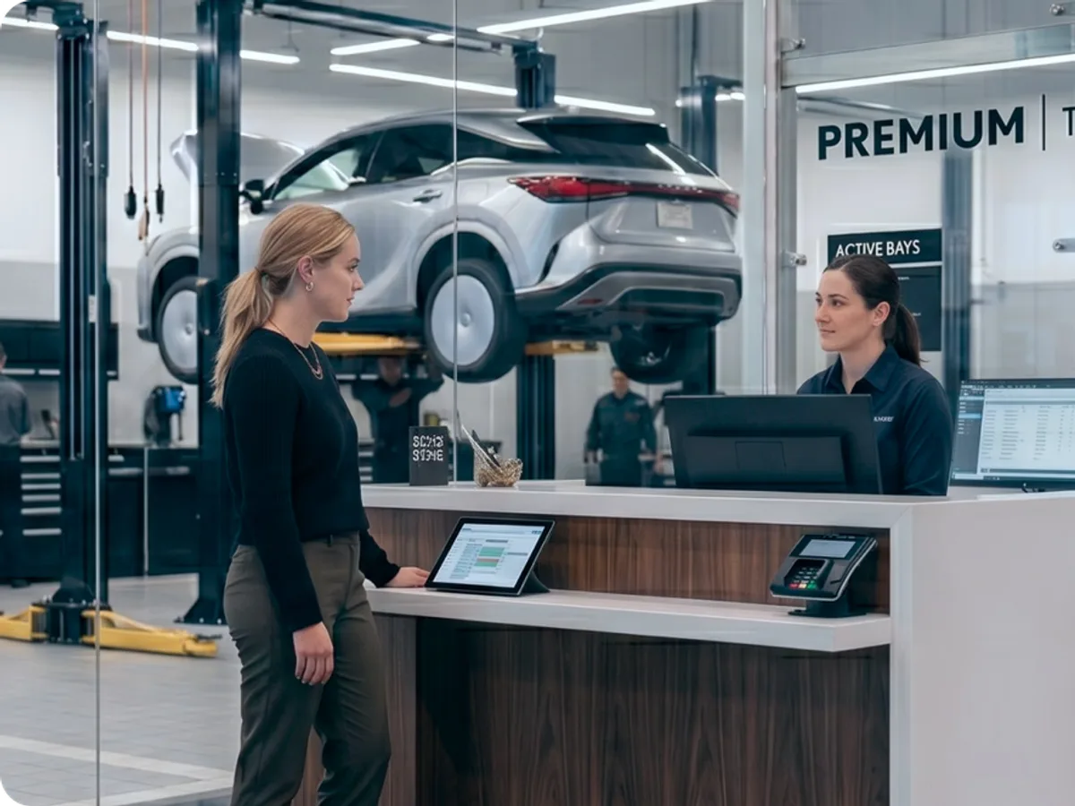 Service advisors at the counter of a dealership workshop with a vehicle on a lift behind them